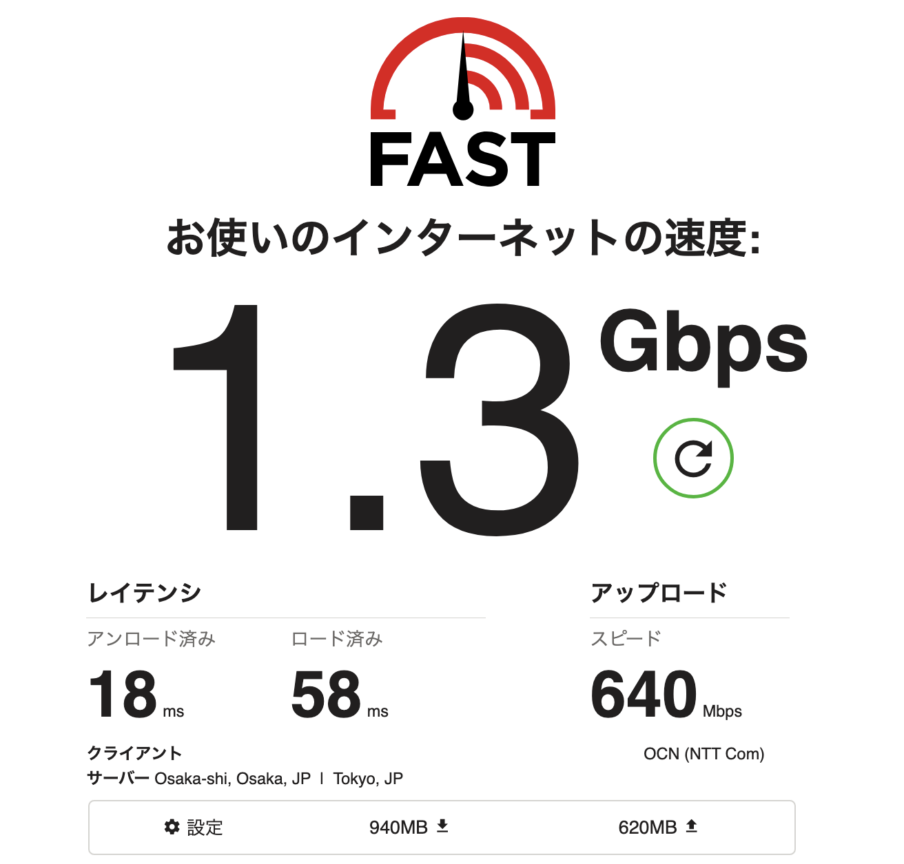 FAST.comの測定結果 Macの無線 10ギガ回線で下り1.3Gbps