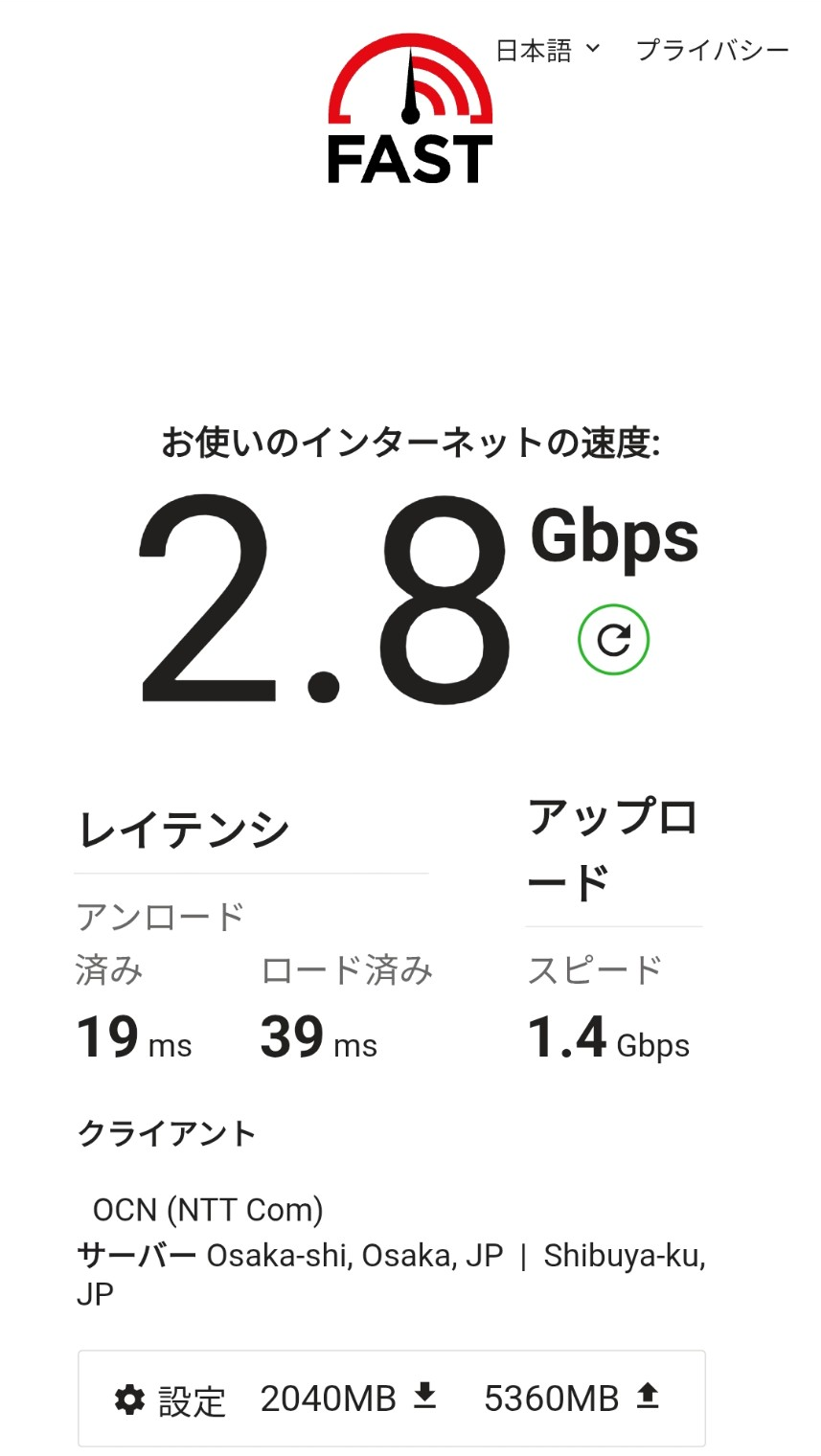 FAST.comの測定結果 ルーターの真横で下り2.8Gbps